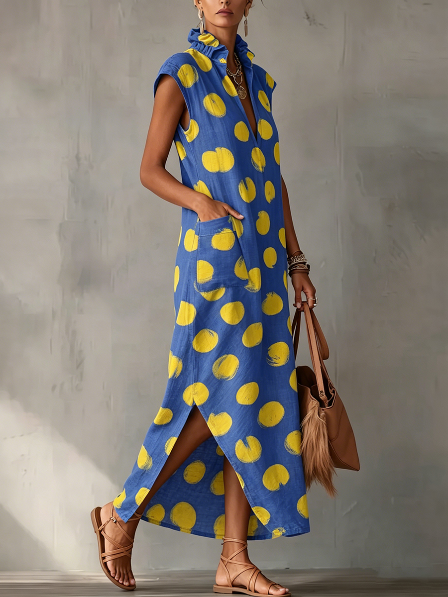 Artistic Brushstroke Polka Dot Cotton-linen Dress