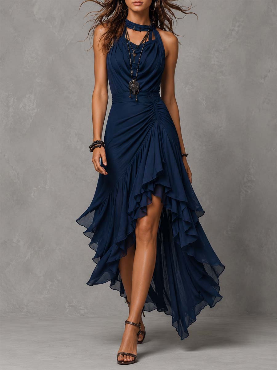 Vintage Elegant Navy Chiffon Halter Neck Asymmetrical Ruffle Maxi Dress