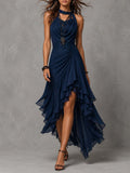 Vintage Elegant Navy Chiffon Halter Neck Asymmetrical Ruffle Maxi Dress