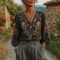 Women's Floral Pattern Linen V-neck T-shirt