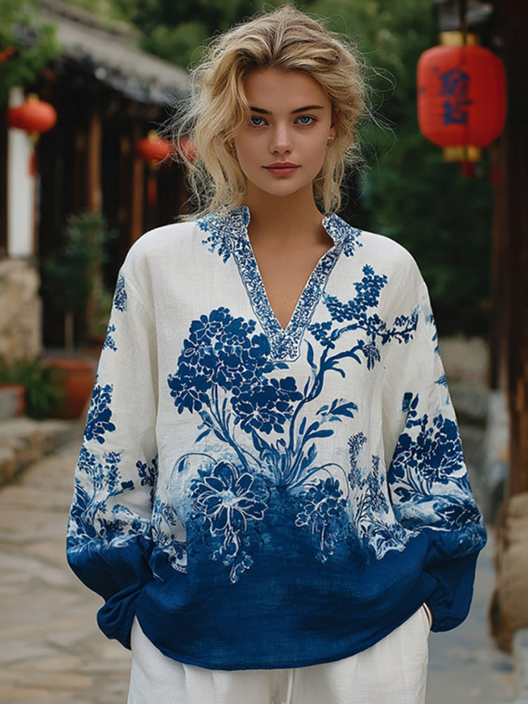 Women's Floral Pattern Linen V-neck T-shirt