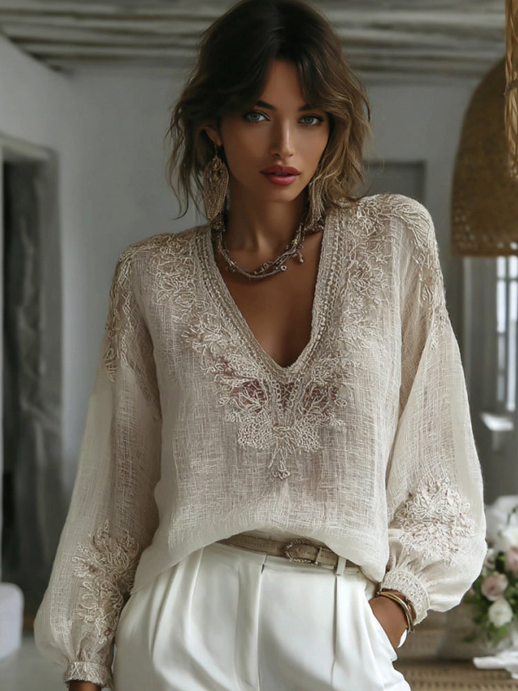 Women's Floral Embroidery Linen V-neck T-shirt