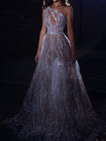 Sexy Asymmetric Hollow See-Through Lace One-Shoulder Maxi Dresses