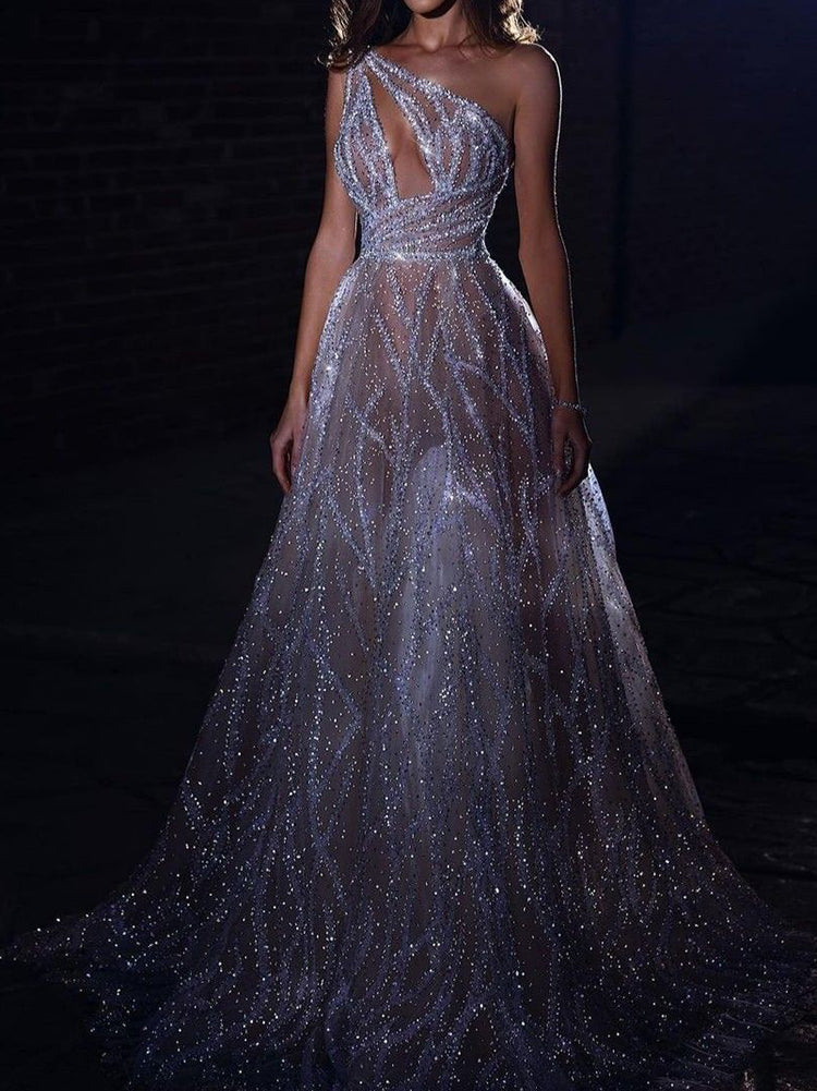 Sexy Asymmetric Hollow See-Through Lace One-Shoulder Maxi Dresses