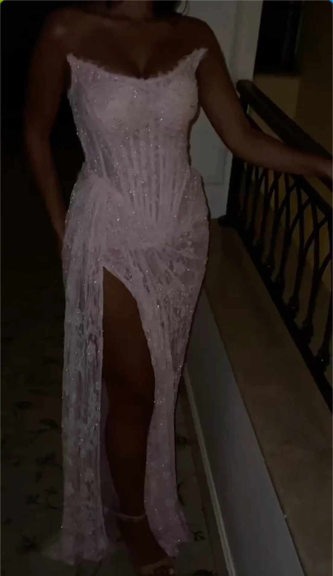 Blush Pink Strapless Lace Corset Evening Maxi Dress - Waist Twist High Slit Mermaid Mesh Formal Gown