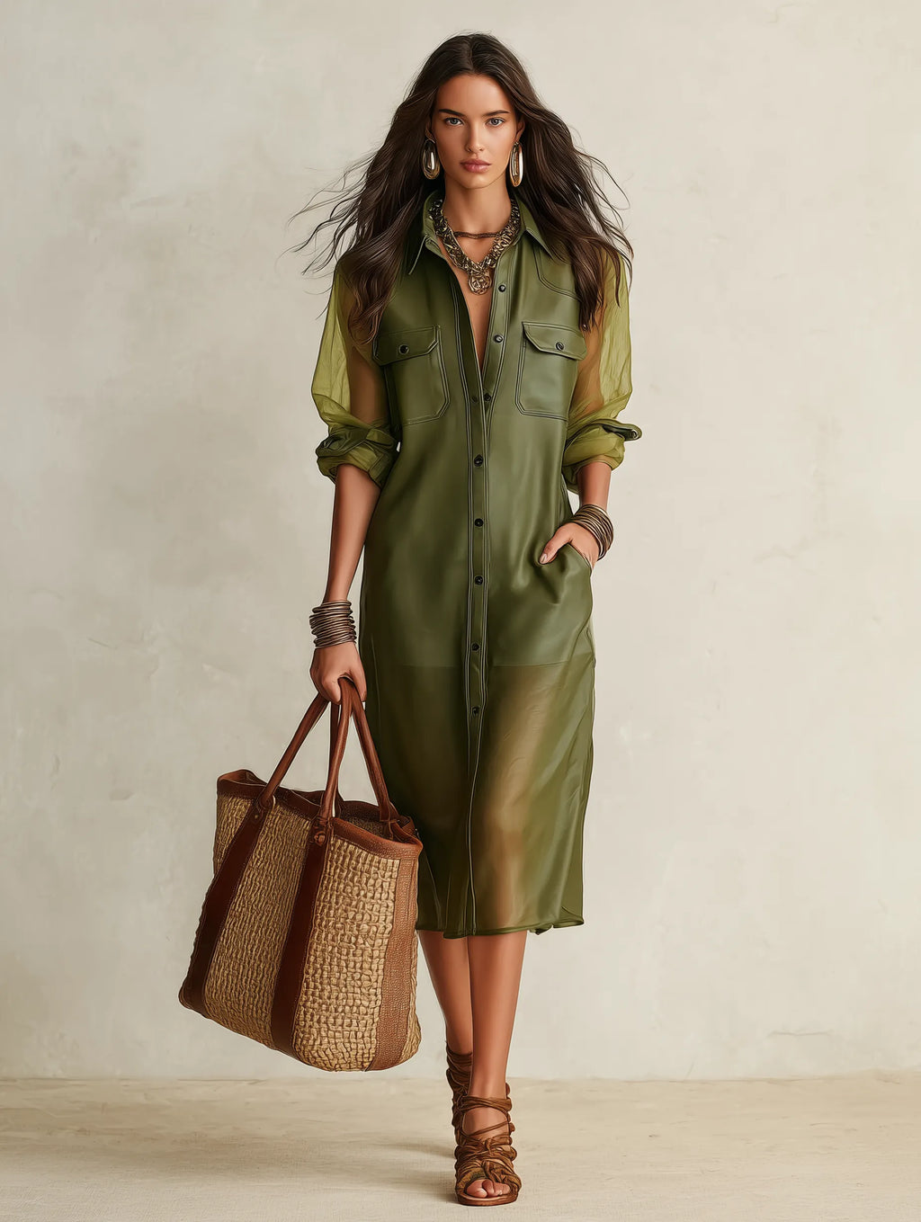 Sheer Olive Long-Sleeve Button-Front Shirt Midi Dress
