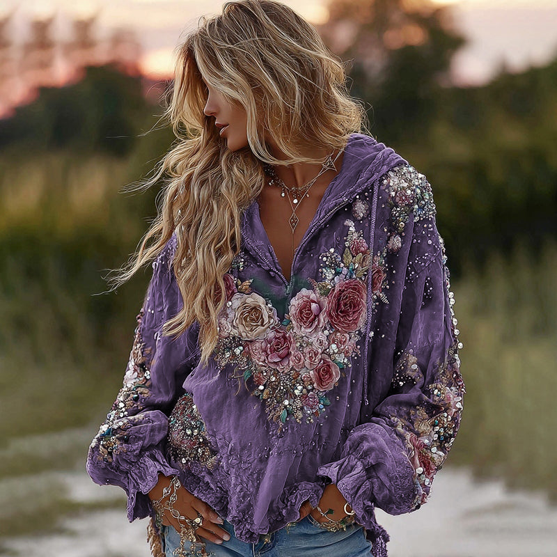 Tie-dye Rose Embroidered Sequined Hoodie