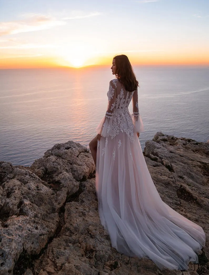 Stunning Boho Long narrow flared sleeves Semi sheer bodice with Deep-V neckline Lace sequin Slit skirt A-line long train wedding dress