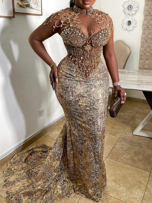 Fashion Stand Collar Long Sleeve Beaded Shiny Wrap Evening Maxi Dress