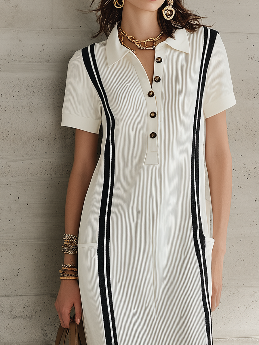 Elegant White Stripe Pleated Polo Maxi Dress