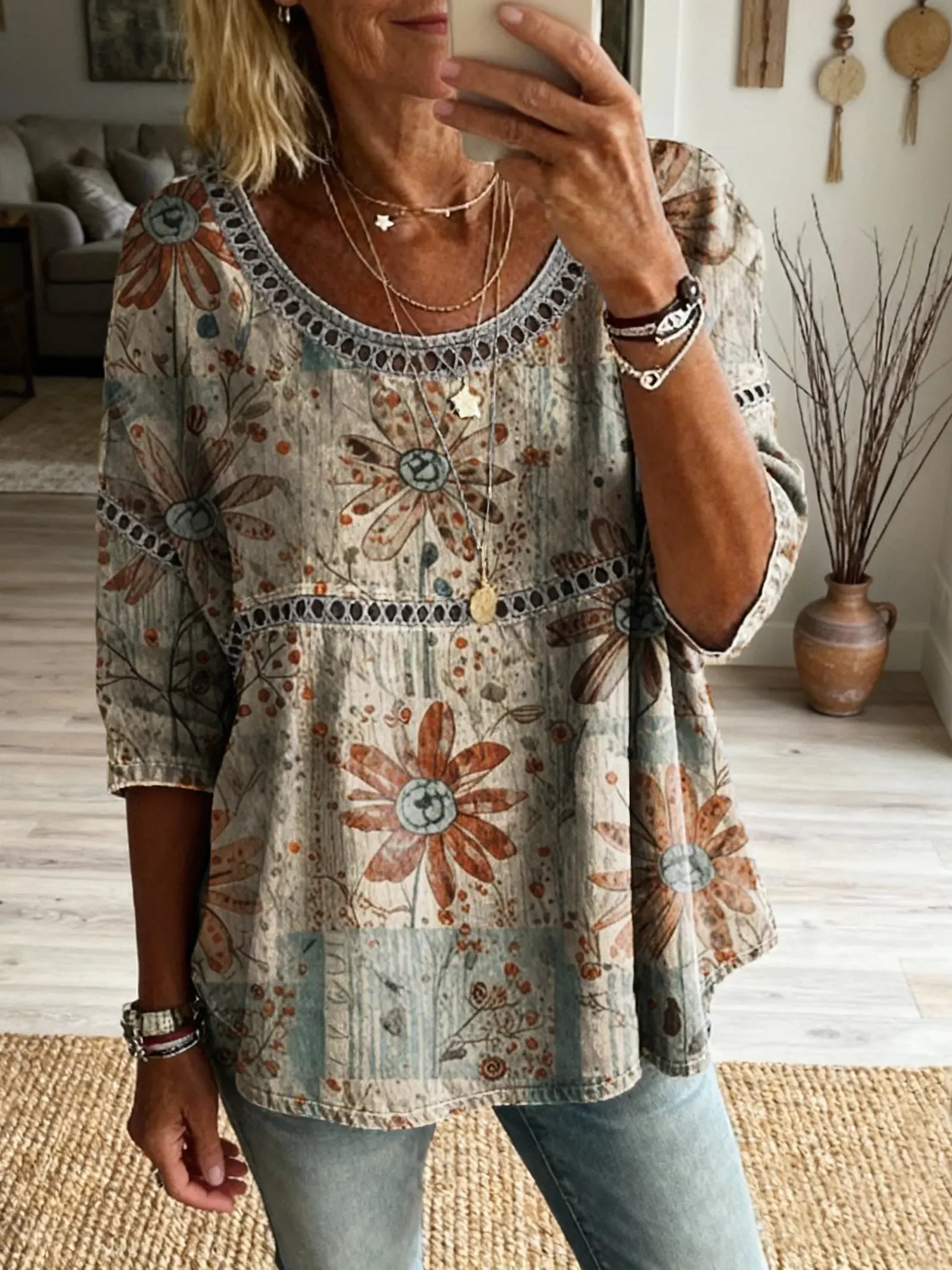 Women's Round Neck Hollow Print Patchwork Casual Top