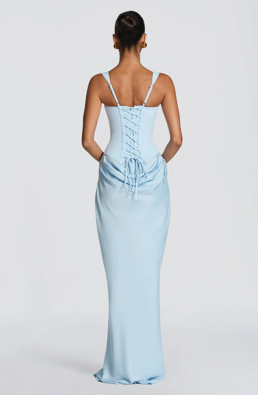 Light Blue Satin Square Neck Corset Maxi Dress - Elegant Formal Evening Gown