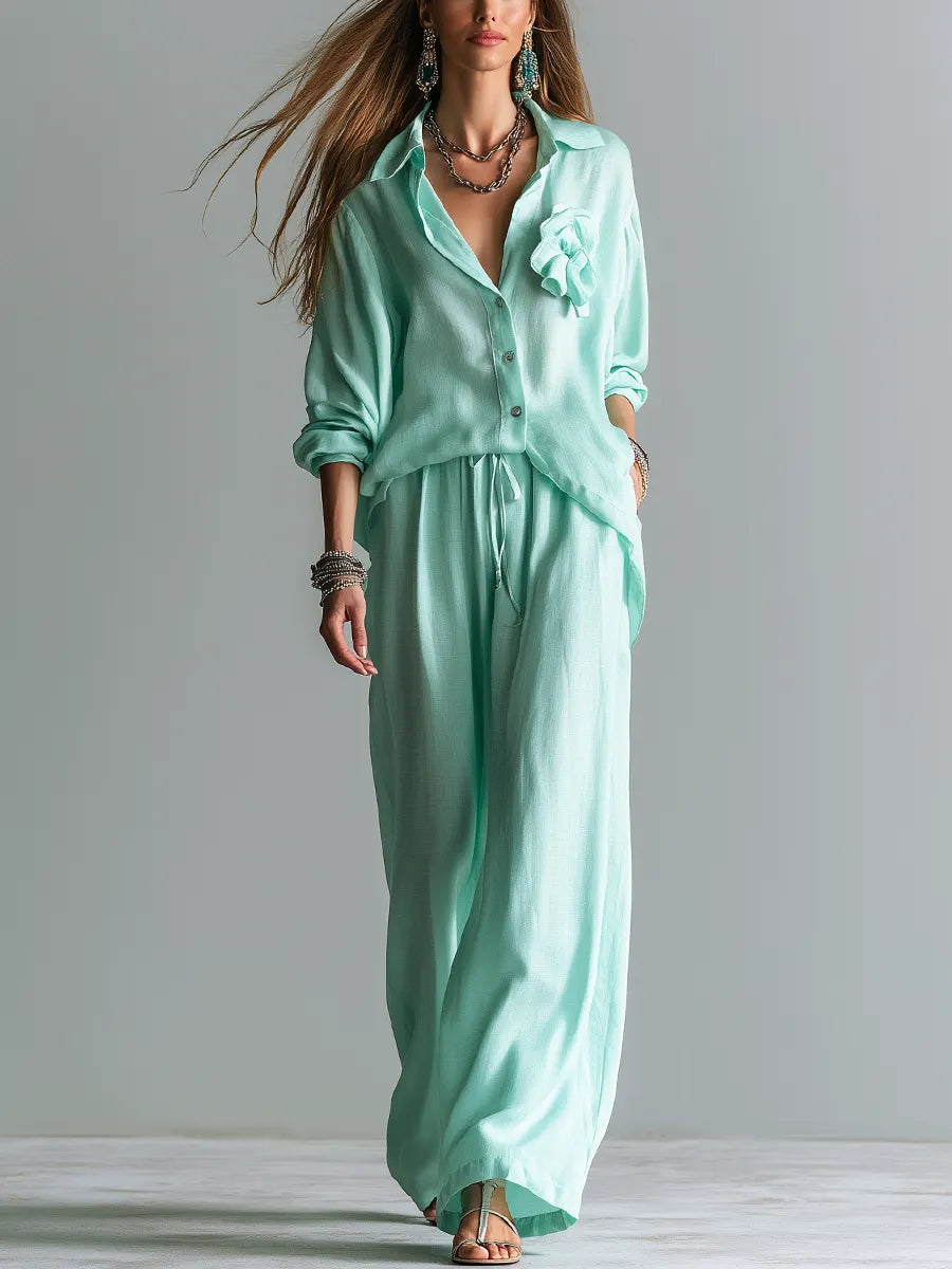 Light Mint Green Floral Shirt And Wide-leg Pants Set