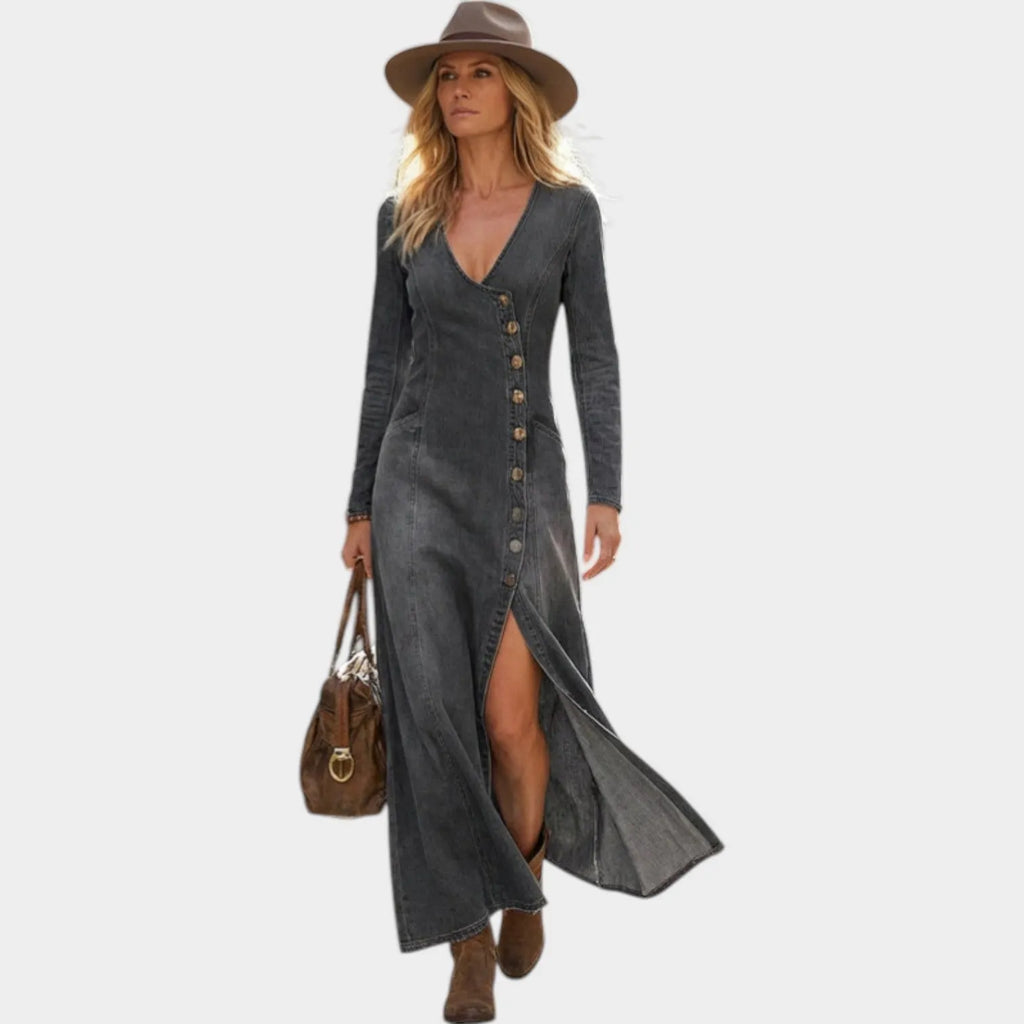 Classic Button-Down Denim Maxi Dress
