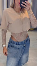 Lace 2 in 1 Crop Top + Asymmetric Denim Shorts Set