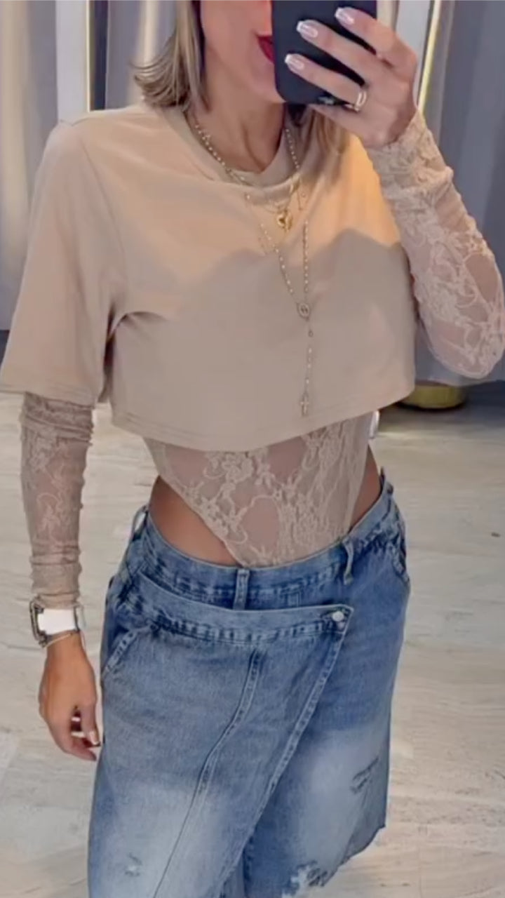 Lace 2 in 1 Crop Top + Asymmetric Denim Shorts Set
