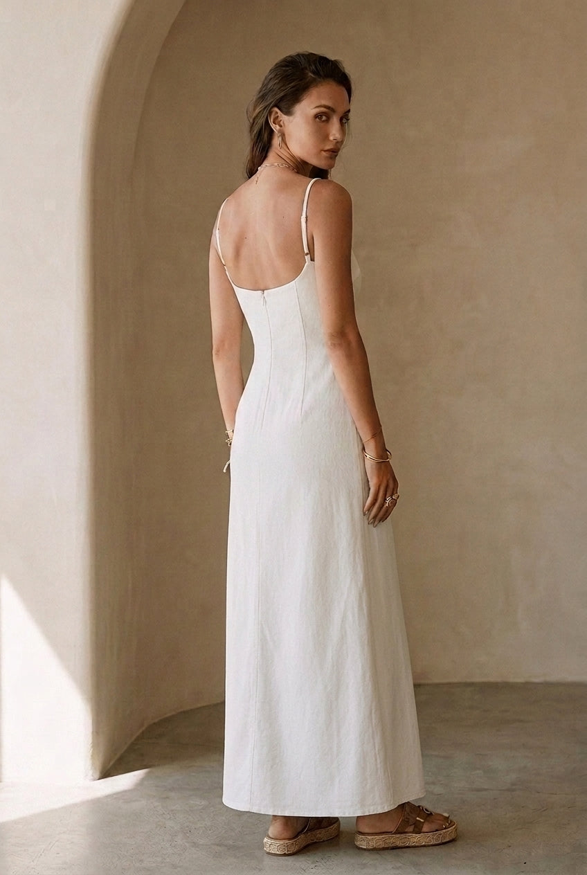 Elegant White Minimal Strappy Slit Maxi Dress