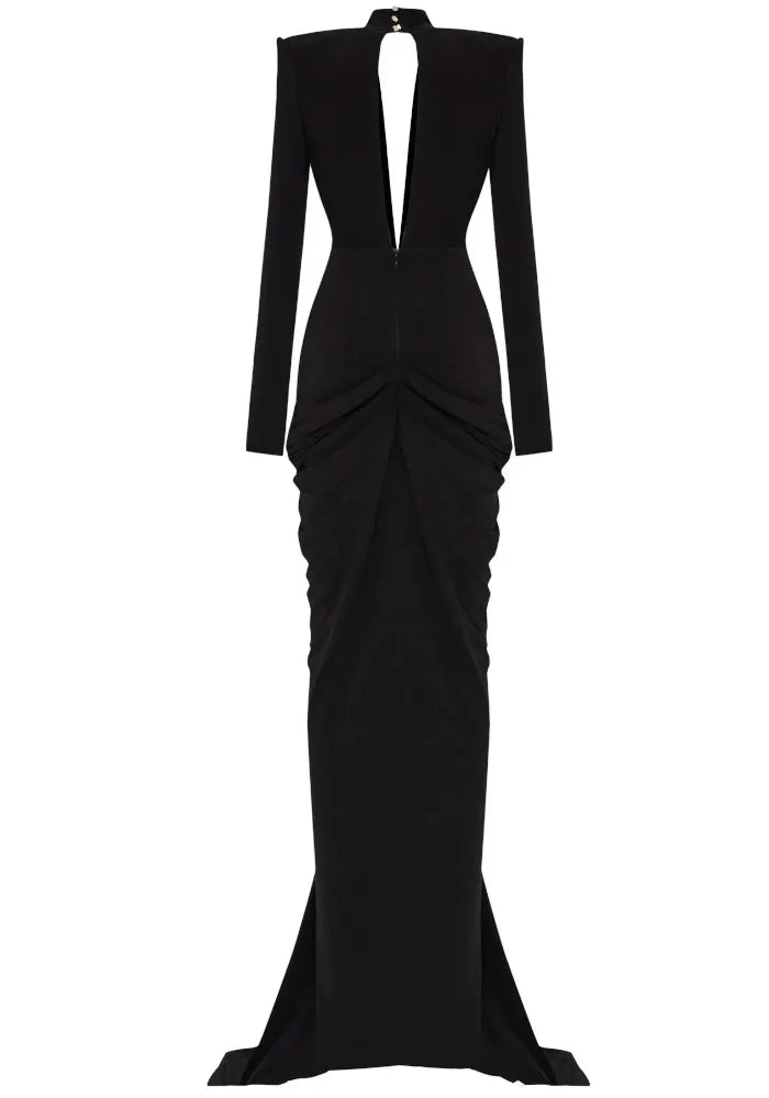 Long Sleeve Plunge V Neck Crystal Maxi Dress Black