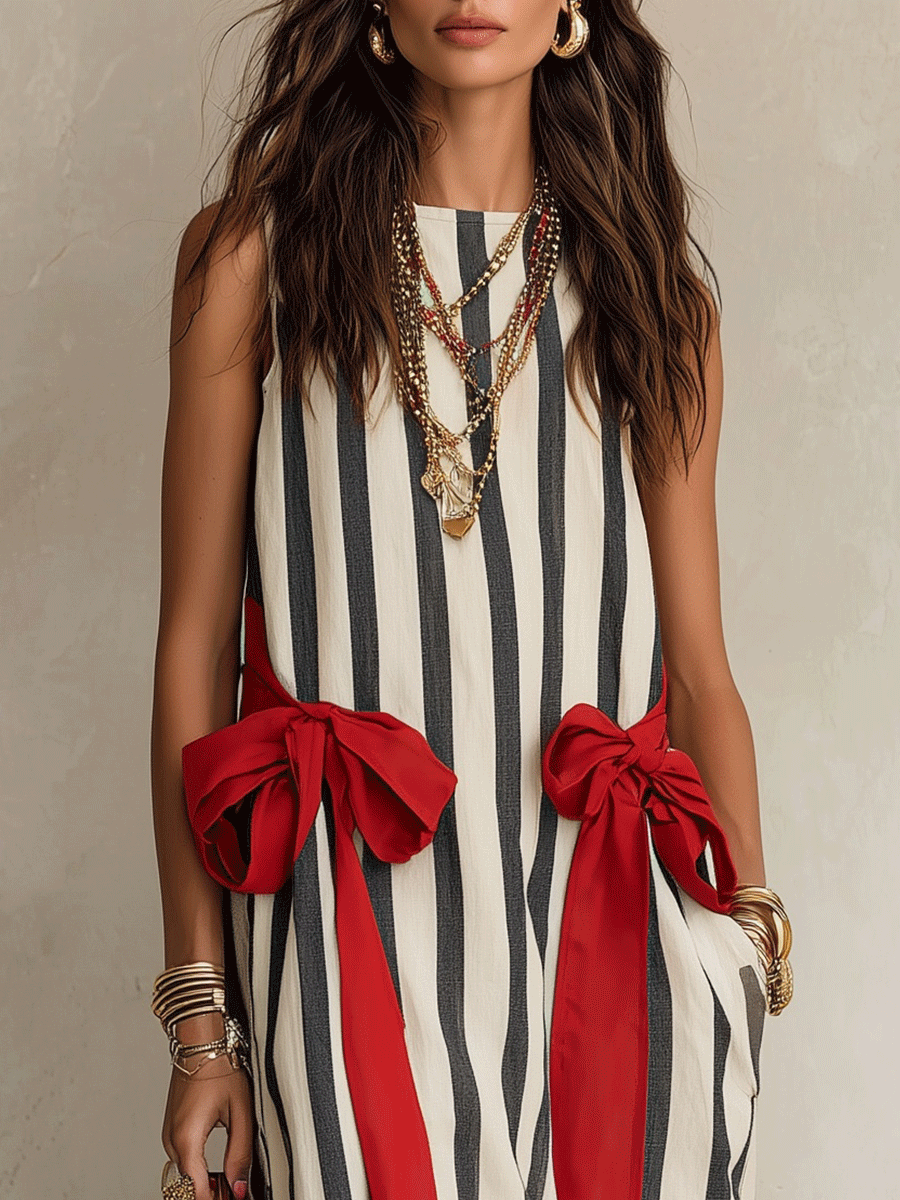 Effortless Resort Linen Vertical-Stripe Contrast-Bow Loose Monochrome Maxi Dress