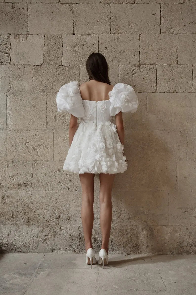 Custom short wedding dress for the bride. Beaded wedding dress with beautiful fabric. Puffy  sleeve short wedding dress.