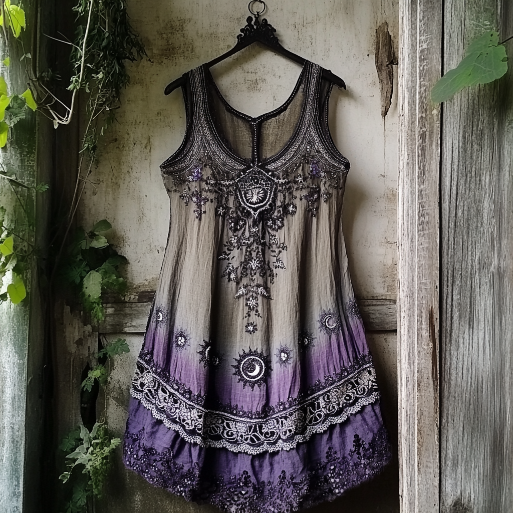Women's Vintage Tribal Star And Moon Embroidered Sleeveless Dress
