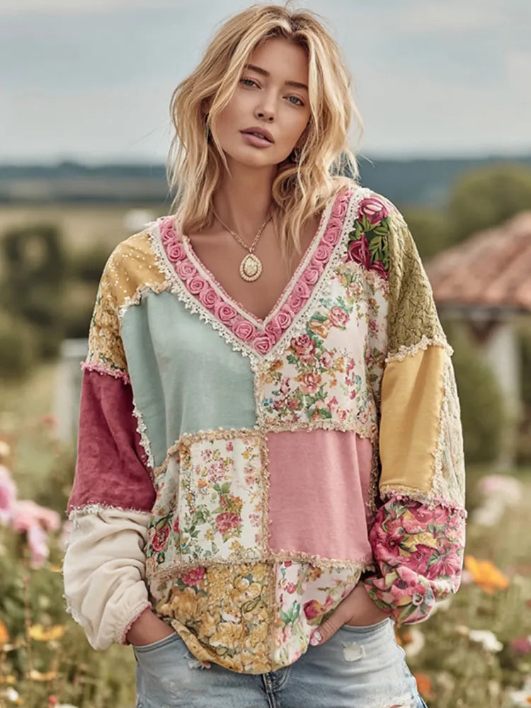 Women's Vintage Floral Patchwork Art Cozy Warm Sweatshirt