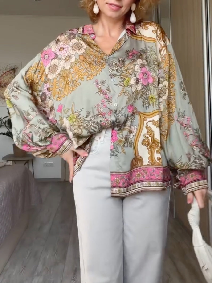 Vintage Floral Print Lantern Sleeve Button Down Chiffon Blouse