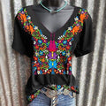 Women V-Neck Boho Print Short Sleeve Loose Summer T-Shirt