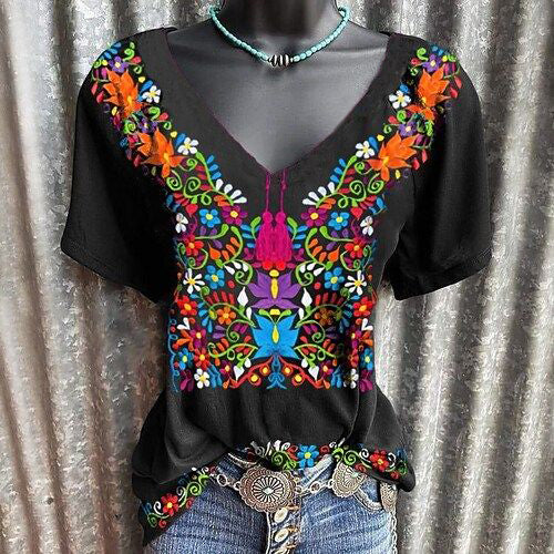 Women V-Neck Boho Print Short Sleeve Loose Summer T-Shirt