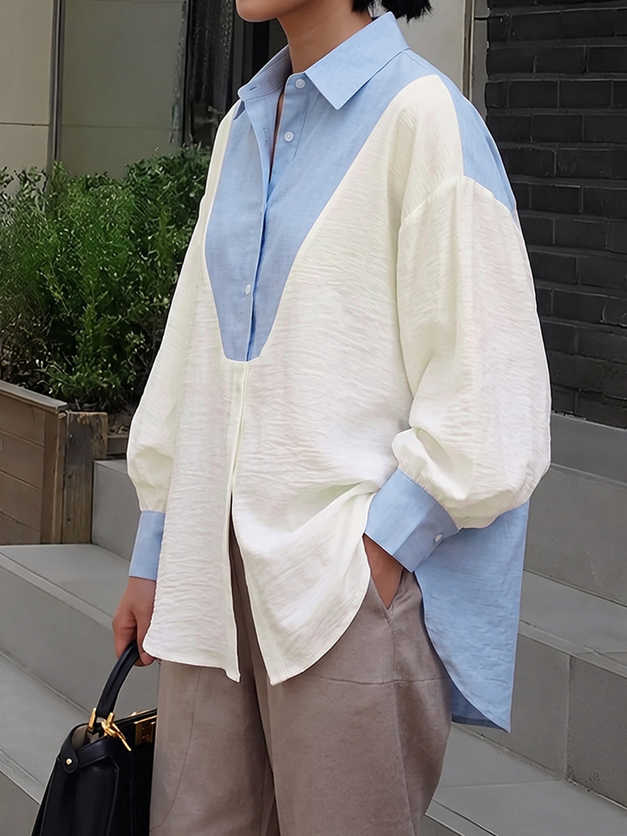 Split-Joint Contrast Color Buttoned Loose Long Sleeves Lapel Blouses&shirts Tops