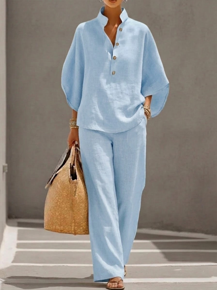 Casual Batwing Sleeve Linen And Cotton Shirt And Trousers Two-piece Set