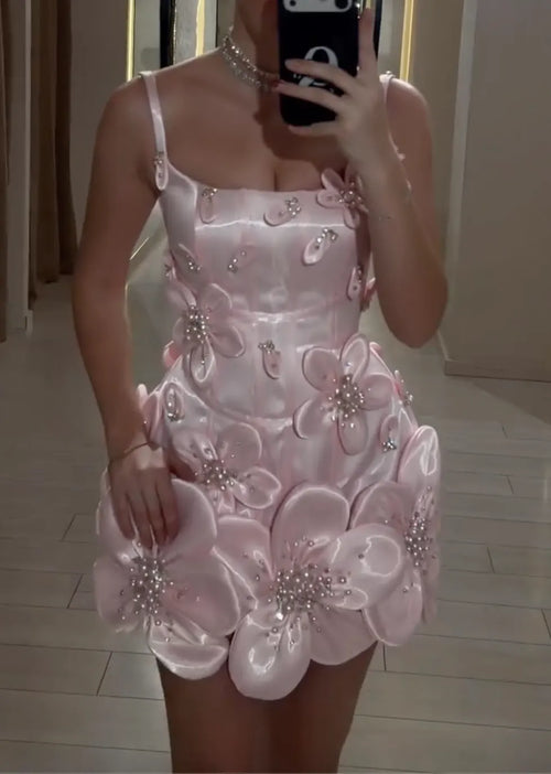 Blue/Pink/White 3D Floral Strapless Mini Dress with Crystal Embellishments