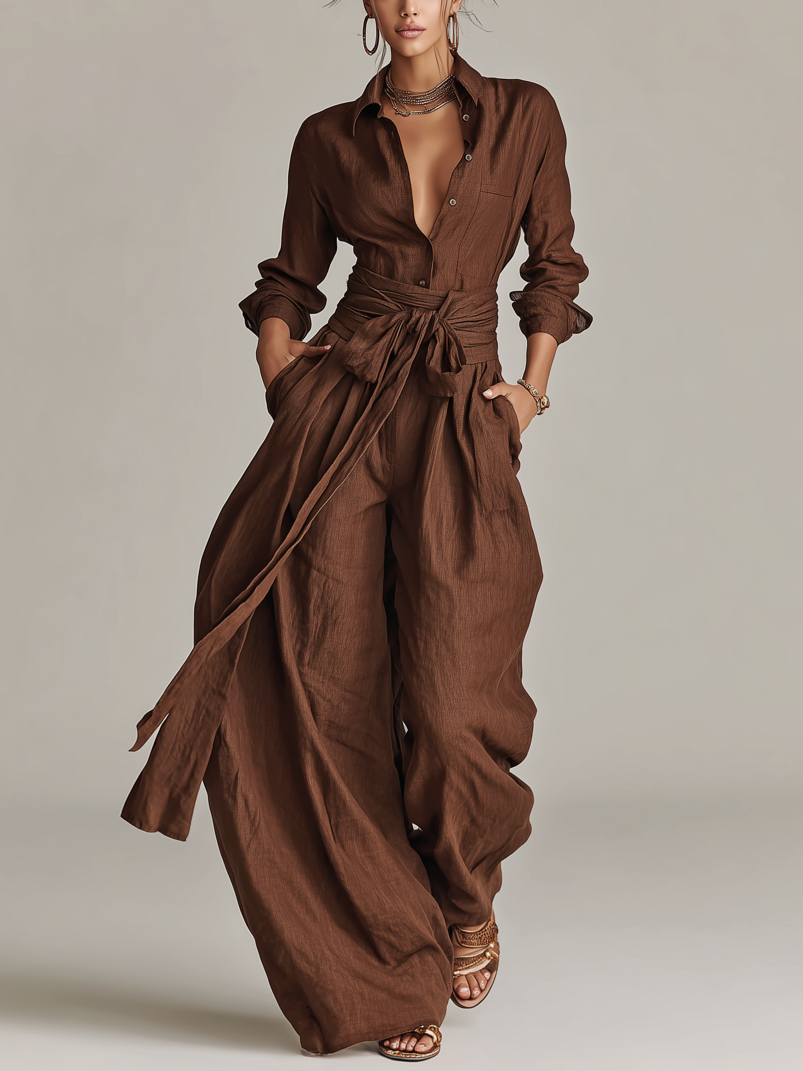 Women's Elegant Brown Woven Cotton-linen Long-sleeved Shirt Collar Jumpsuit With Belt MDA1965L9AN