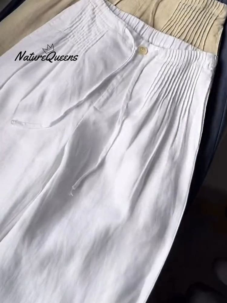 ?Limited time promotion Women's Solid Color Pleated Drawstring Casual Cotton and Linen Wide Leg Pants