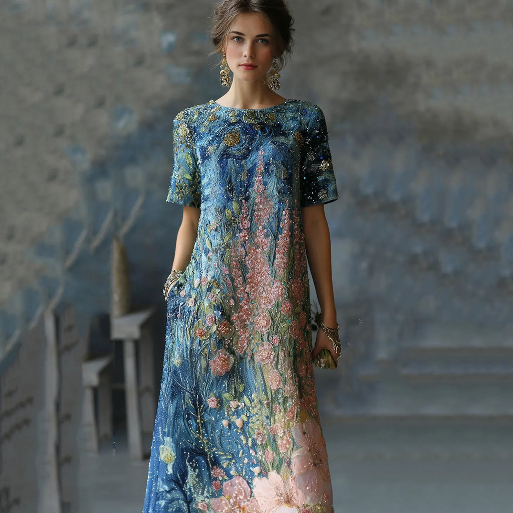Art Oil Painting Floral Sequin Gradient Maxi Dress