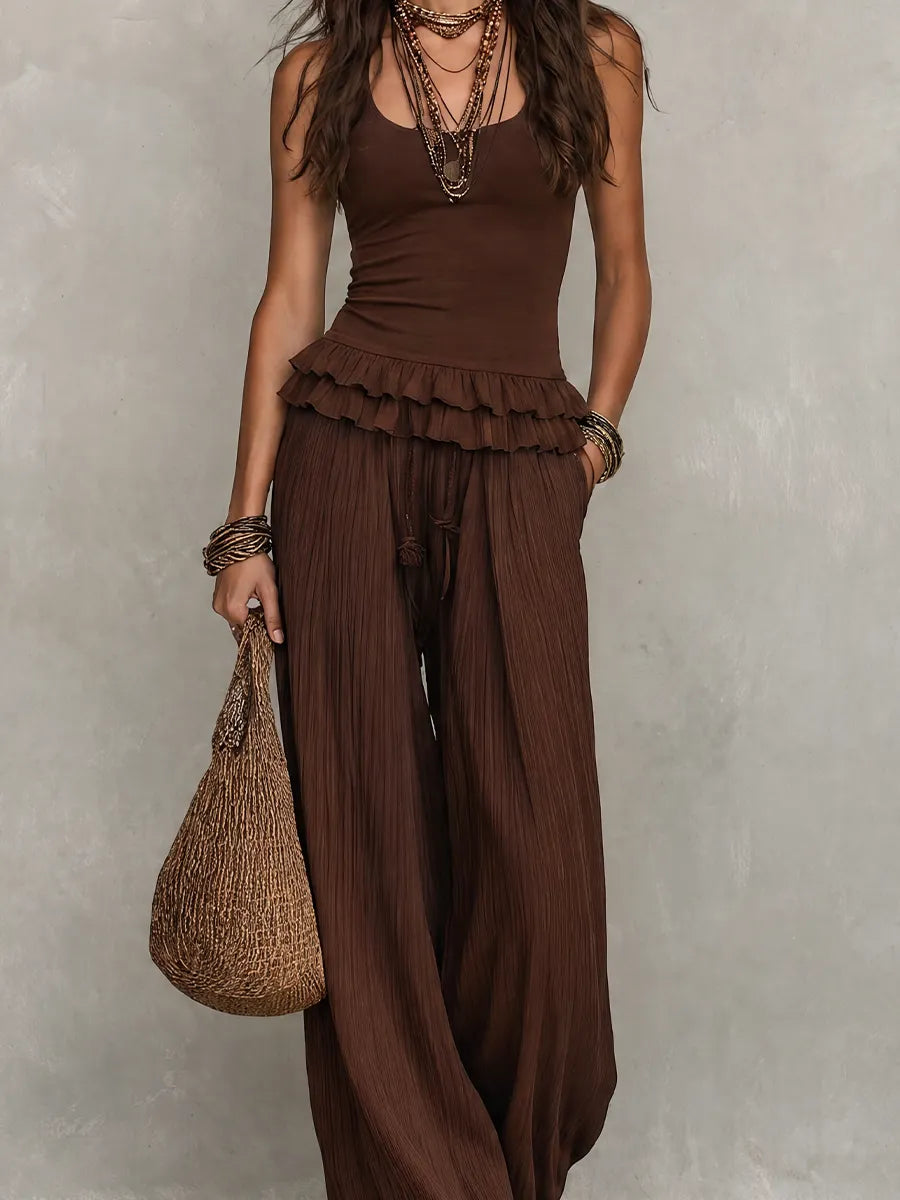 Resort Chocolate Brown Ruffled Waist Lounge Set