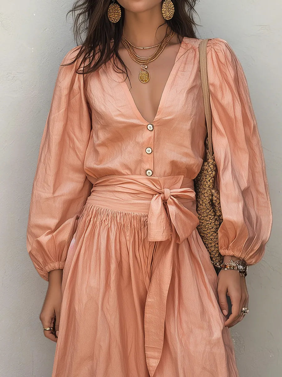 Elegant Blush Tie-Waist Linen Blend Two-Piece Set