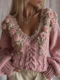 Vintage Tiny Pink Roses Glitter Cozy Cable Knit Sweater
