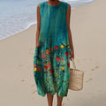 Women's Vintage Floral Art Pattern Print Sleeveless Cotton Wrap Dress