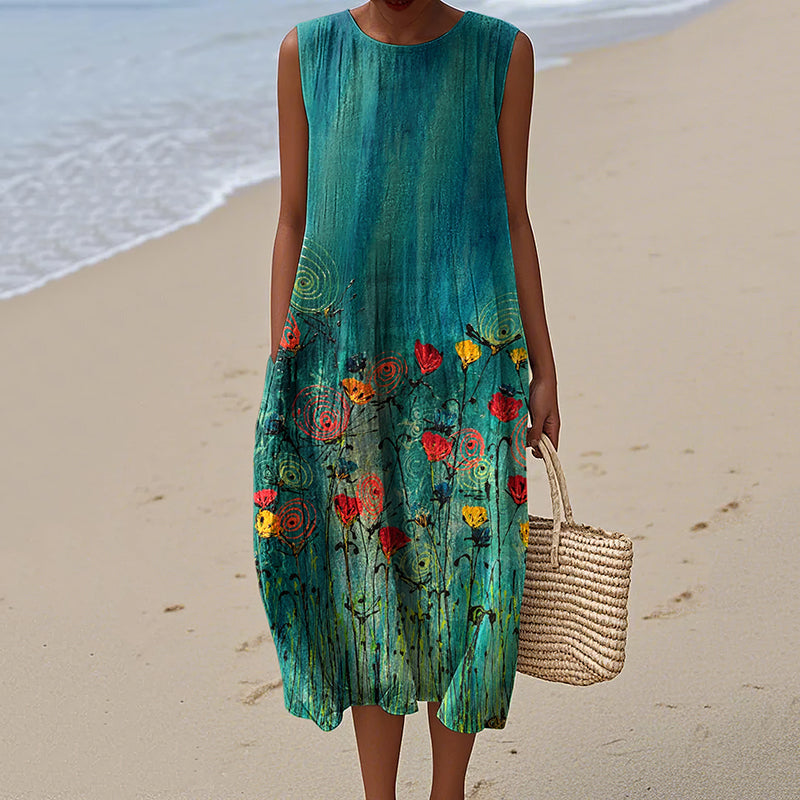 Women's Vintage Floral Art Pattern Print Sleeveless Cotton Wrap Dress
