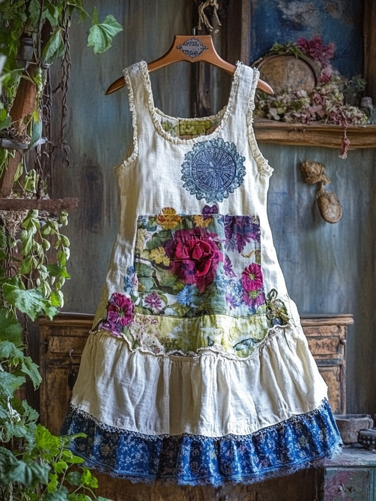 Women's Folk Floral Embroidery Linen Sleeveless Dress