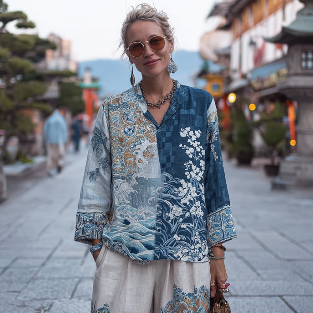 Vintage Japanese Traditional Embroidery Floral Patchwork Art Printed Linen Top