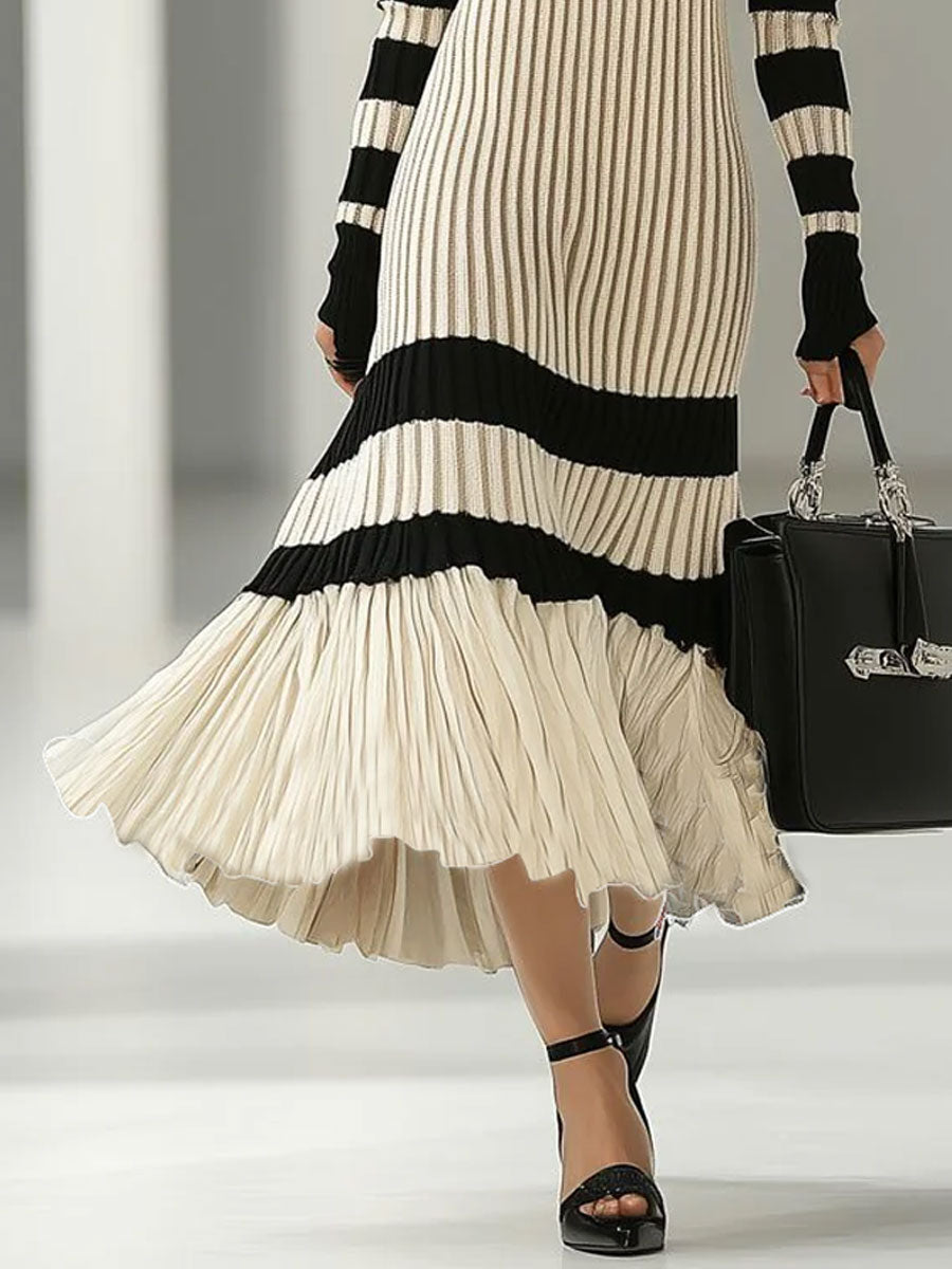 [24-hour shipping out]Fashion Loose Retro Black and White Striped Knitted Turtleneck Midi Dress