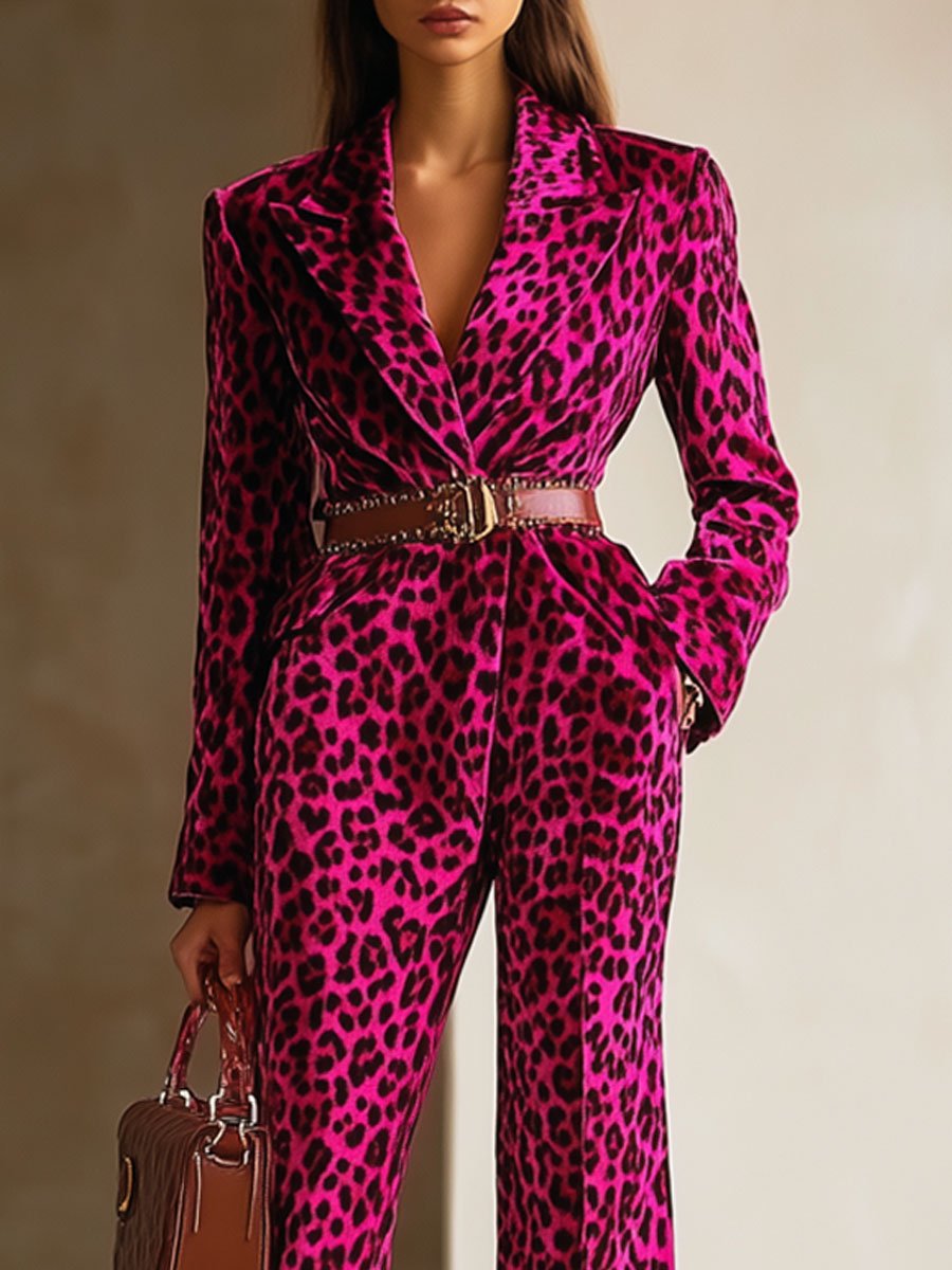 [24-hour shipping out]Casual Loose Retro Velvet Leopard Print Lapel Long Sleeve Jumpsuit
