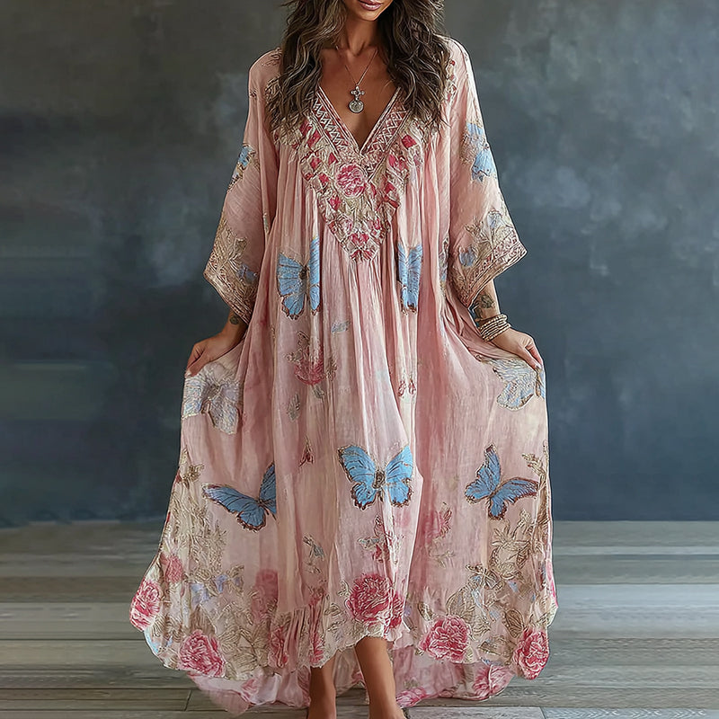 Women's Floral And Butterfly Art Print Flowy Linen Blend Casual Maxi Dress