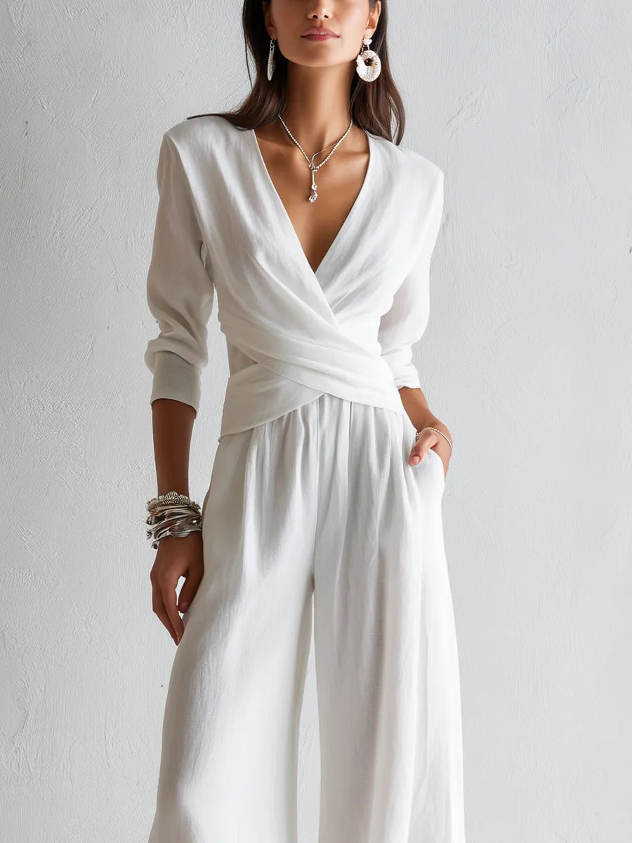 White Cotton Linen Wrap Top And Wide Leg Pants Suit