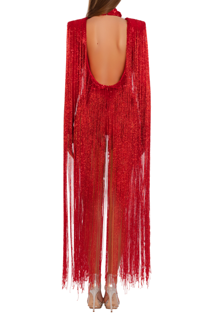 Red Beaded Fringe Halter Mini Dress/Long Sleeve Jumpsuit Collection