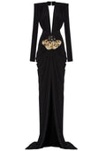Long Sleeve Plunge V Neck Crystal Maxi Dress Black