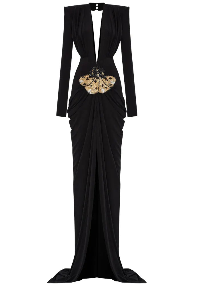 Long Sleeve Plunge V Neck Crystal Maxi Dress Black