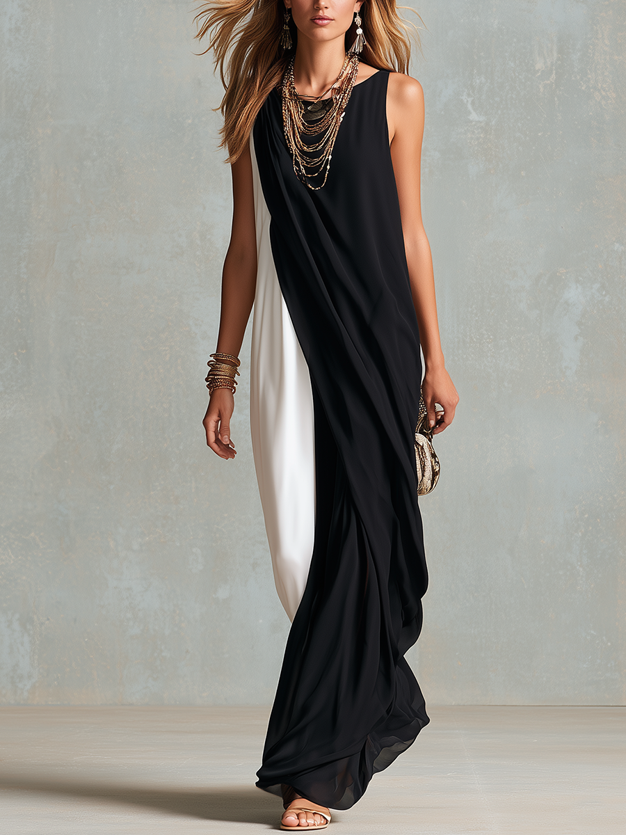 Minimalist Black White Color Block Sleeveless Maxi Dress